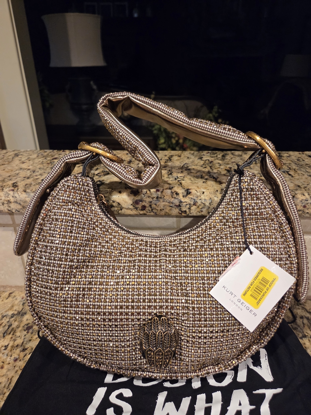 Kurt Geiger Brown Tweed Crescent Shoulder Bag with Gold Accent